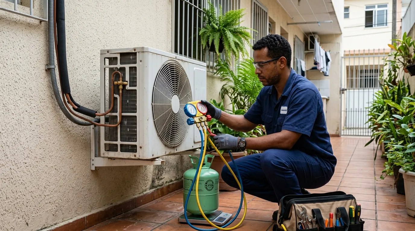 Técnico fazendo carga de gás na condensadora do ar-condicionado em Piracicaba‑SP