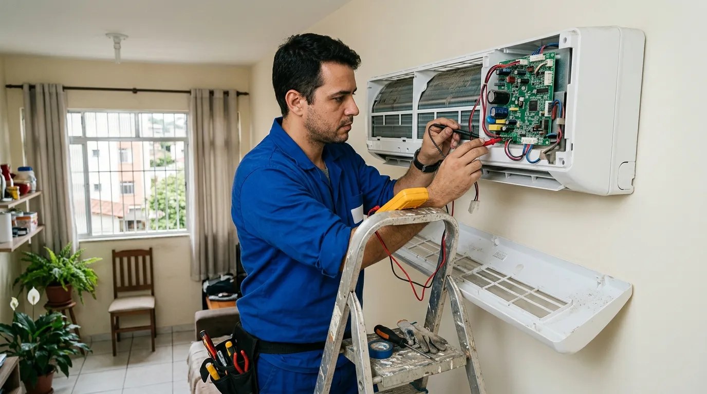 Técnico trocando a placa eletrônica de ar-condicionado split em Piracicaba‑SP