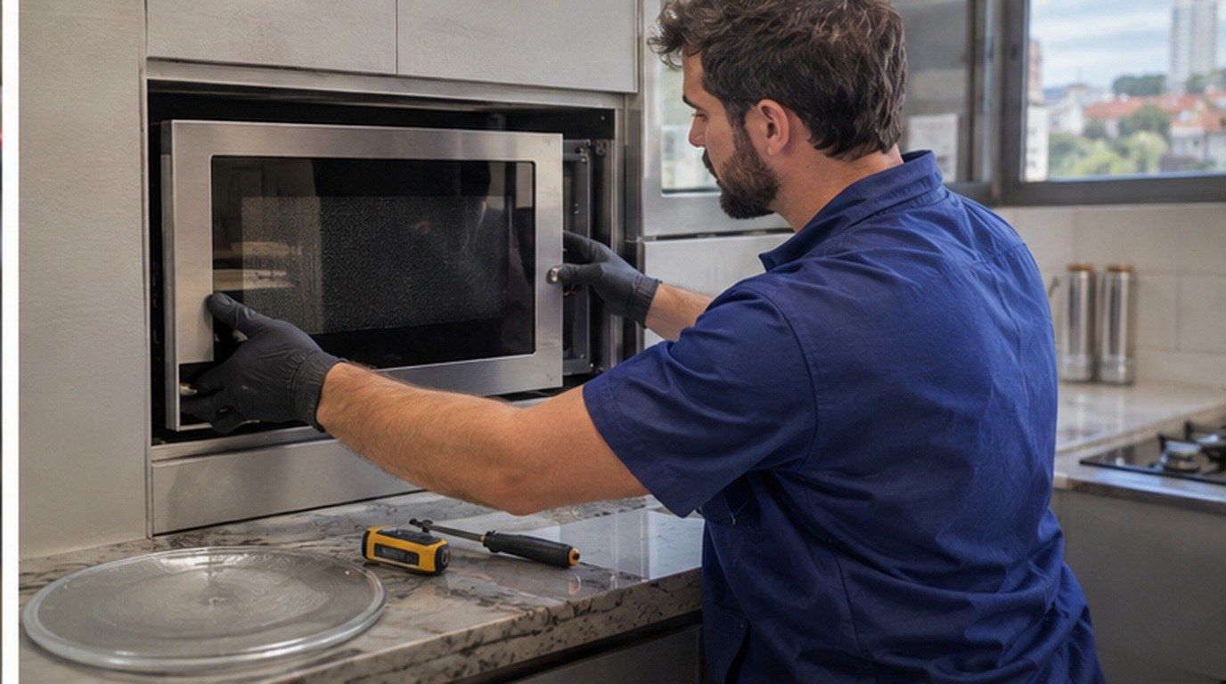 Conserto de micro-ondas de embutir em Piracicaba‑SP: técnico encaixando o aparelho no armário