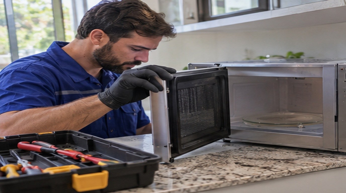 Conserto de micro-ondas em Piracicaba‑SP: técnico abrindo um micro-ondas de bancada