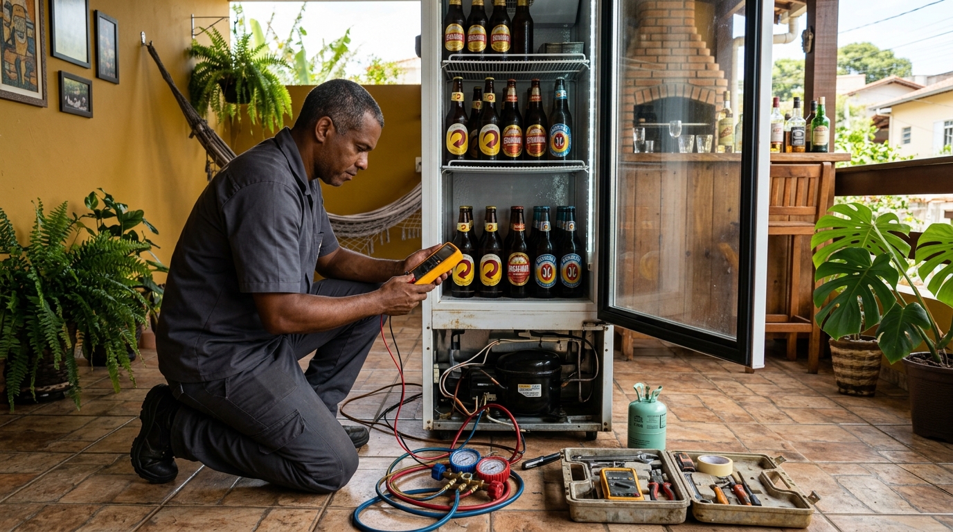 Placa eletrônica de cervejeira em reparo na bancada em Piracicaba‑SP