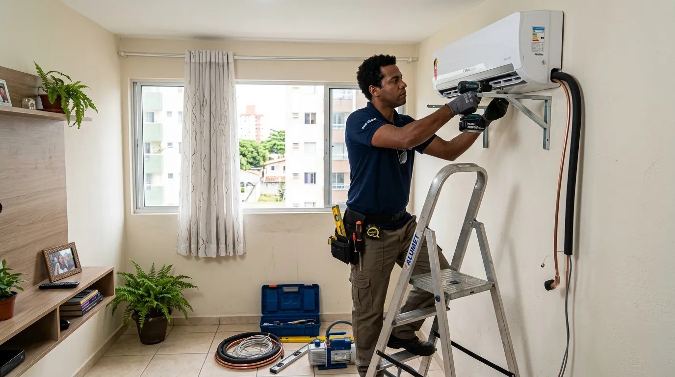 Técnico instalando ar-condicionado split em residência em Piracicaba‑SP