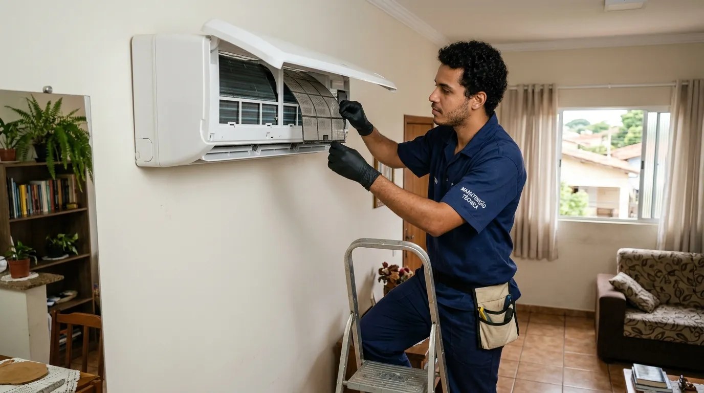 Técnico fazendo limpeza e higienização de ar-condicionado split em Piracicaba‑SP