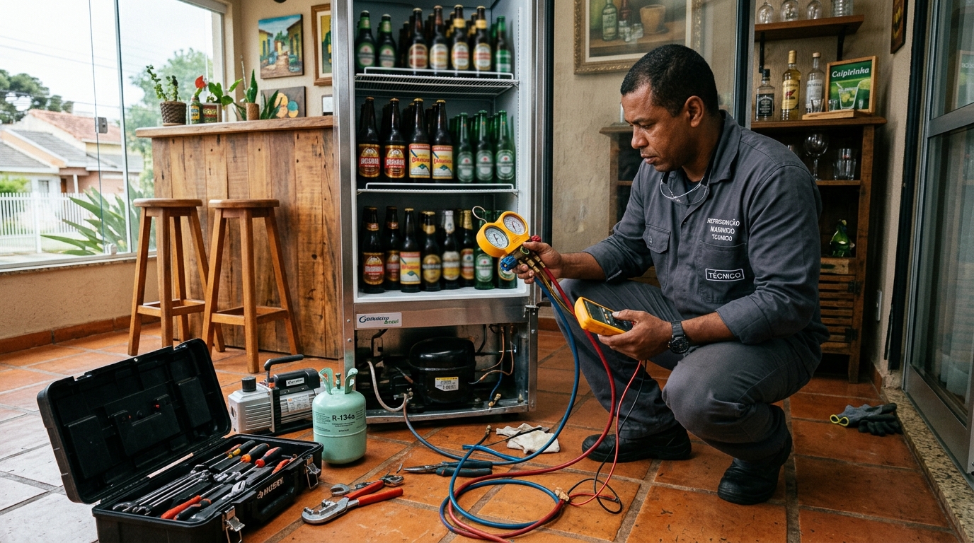 Técnico revisando o motor de uma cervejeira durante chamado em Piracicaba‑SP