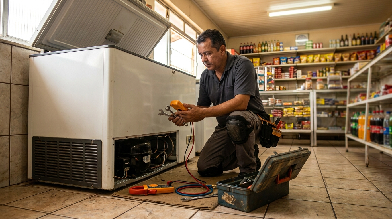 Técnico reparando o motor de um freezer horizontal em Piracicaba‑SP
