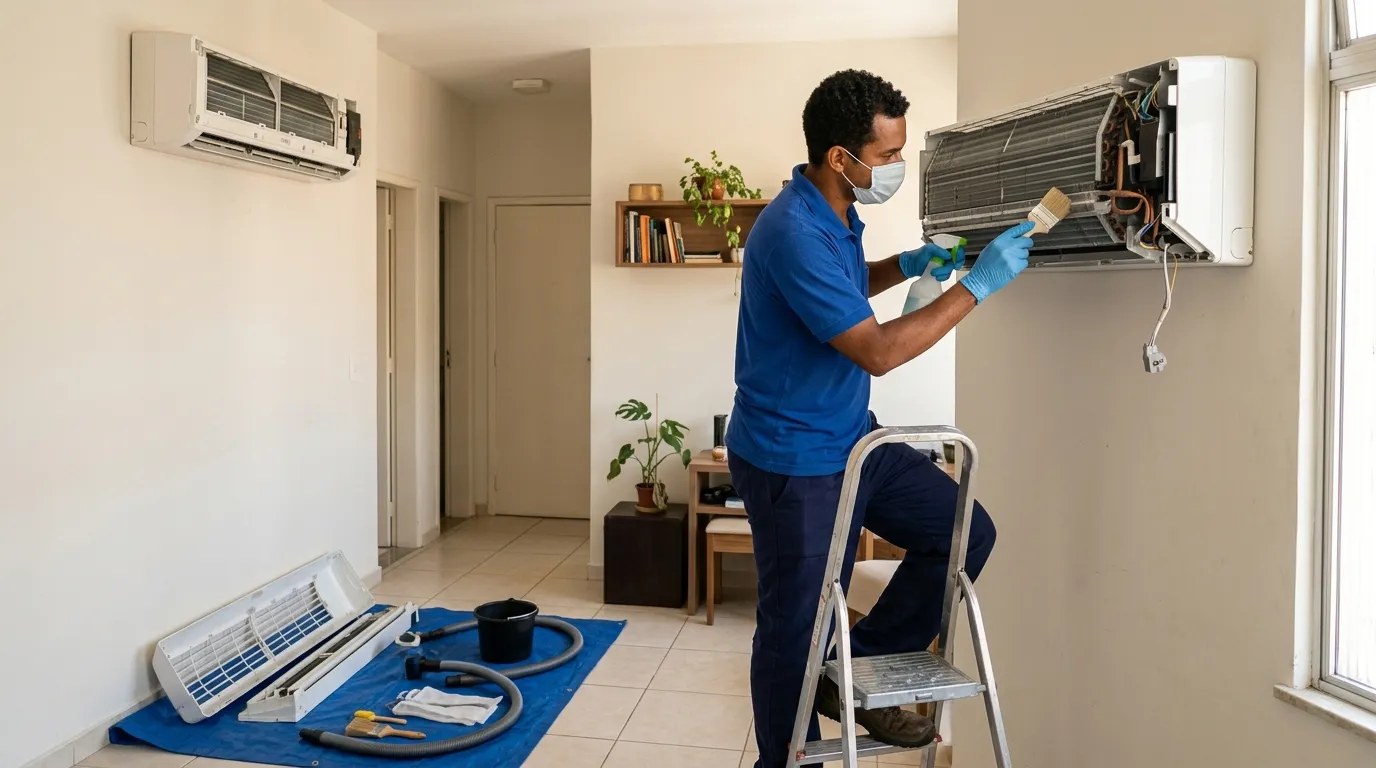 Técnico fazendo manutenção de ar-condicionado split em Piracicaba‑SP